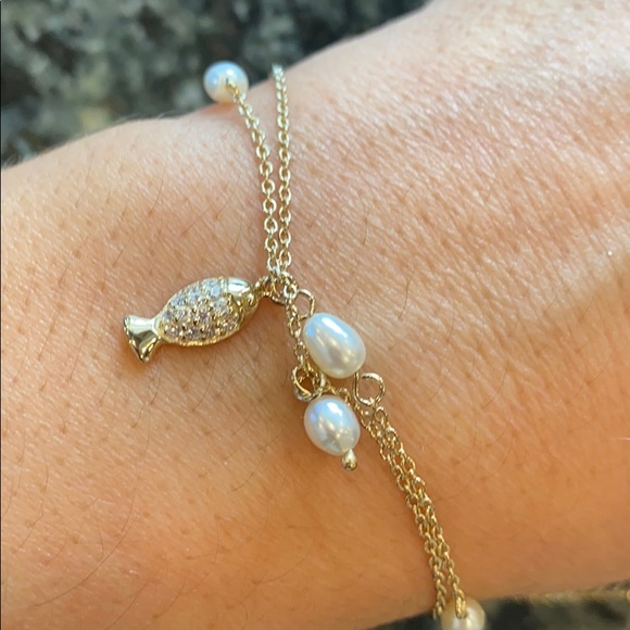 Sterling silver Pearl fish CZ Bracelet Anklet 9” - Picture 2 of 4